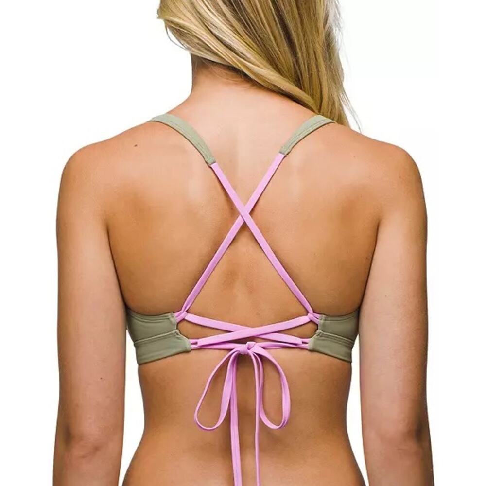 Prana Tulum Swim Top Women's L Black Color Block Bikini Sporty Crisscross Back - Picture 2 of 6